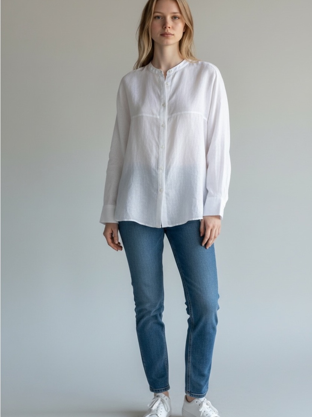 Eileen Fisher Crisp White Linen Button-Down Mandarin Shirt Medium
